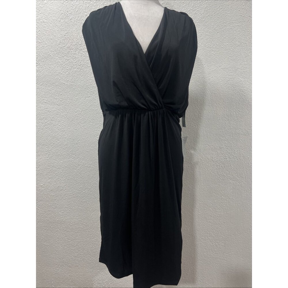 London Times Black Size 8 V-Neck‎ Faux Wrap Dress Sleeveless Midi Gothic
